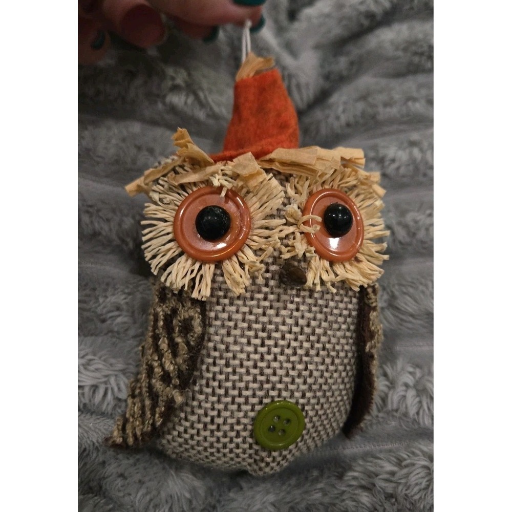 Rustic Burlap Owl Ornament with Button Eyes‎ and Straw Fringe Detail